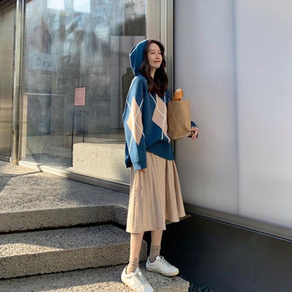 

skirts xaour autumn and winter 2021 black knitted skirt women's mid-length high waist slim retro a-line