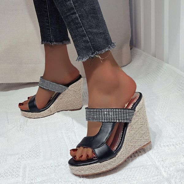 

dress shoes ribetrini ins female solid slip on platform open toe women pumps high wedges fashion comfy quality, Black