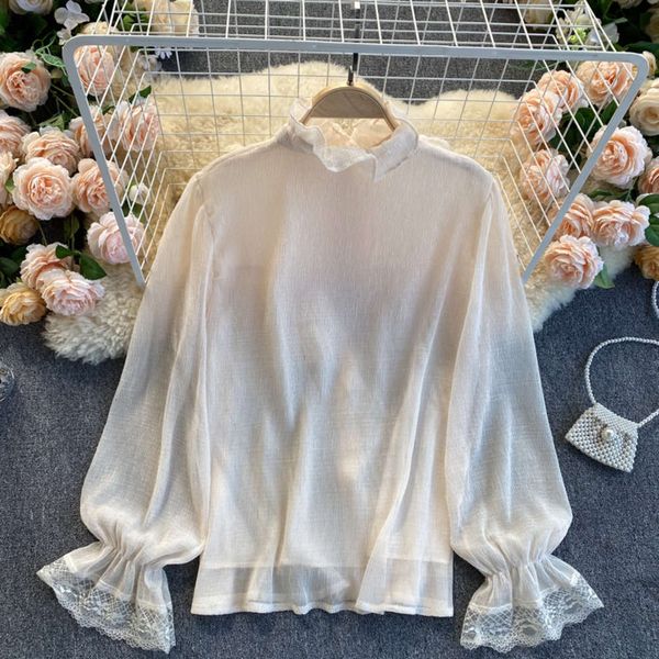 

luxury fungus xianqi chiffon long sleeve shirt with female sweet collar design feeling lace ruffle fashion 2021, White