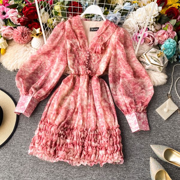 

luxury casual dresses lolita v-neck chiffon drs slim long sleeve high waist french first love little flower cake skirt, Black;gray