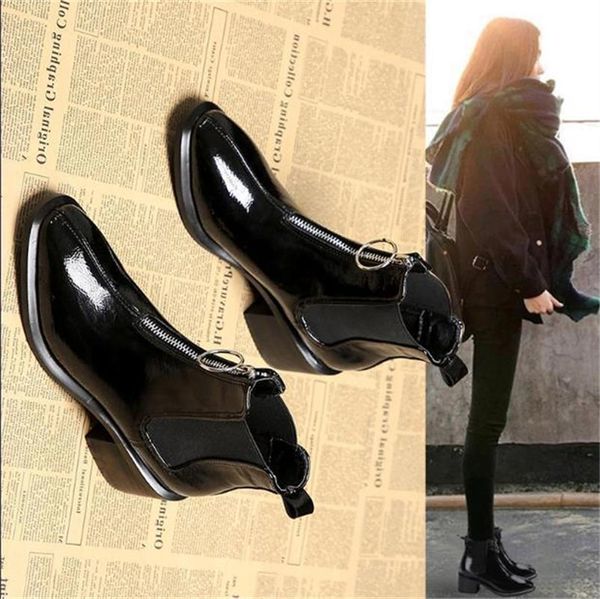 

boots women's 2021 autumn and winter korean style mid-heel round toe nude zipper patent leather british, Black