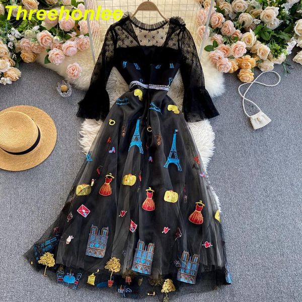 

casual dresses dress women summer fashion embroidery beaded mesh o-neck trumpet sleeve stitching midi party, Black;gray