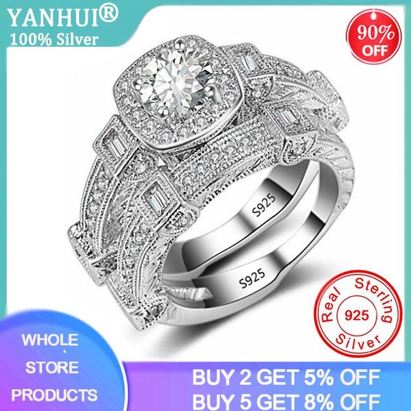 

cluster rings luxury solid 925 sterling silver wedding set for bridal 2pcs women engagement anniversary gift wholesale jewelry r235, Golden;silver