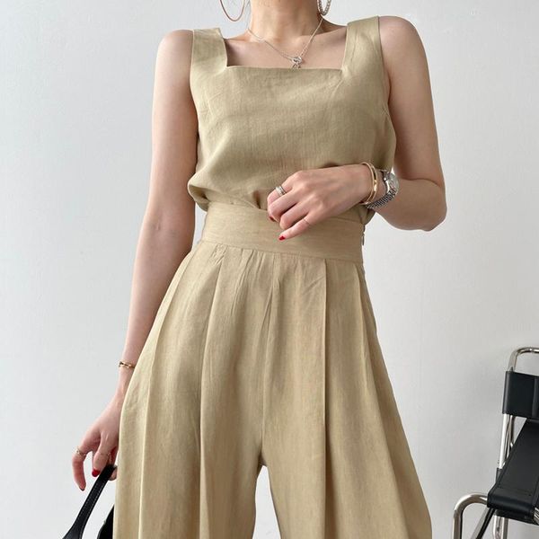 

women's two piece pants zcsmll pcs women set korean square collar clavicle loose vest + high waist pleated wide leg casual, White