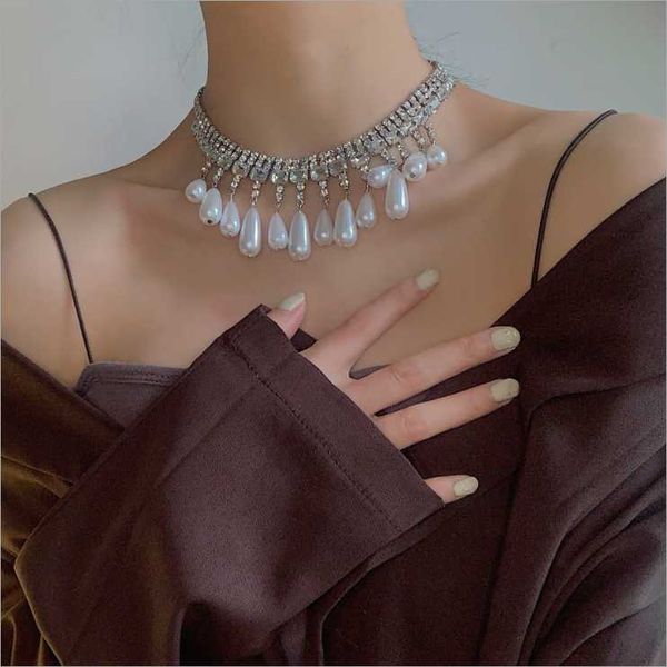 

chains women retro multilayer tassel drop pearl necklace, Silver