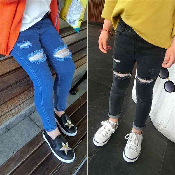

autumn girls kids cotton skinny jeans children hole trousers pencil pants girl black blue ripped for 3 7 years