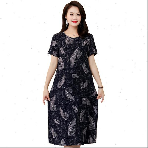

2021 new middle aged summer dress women loose comfortable print o neck short sleeve casual dress plus size 5xl women long dress, Black;gray