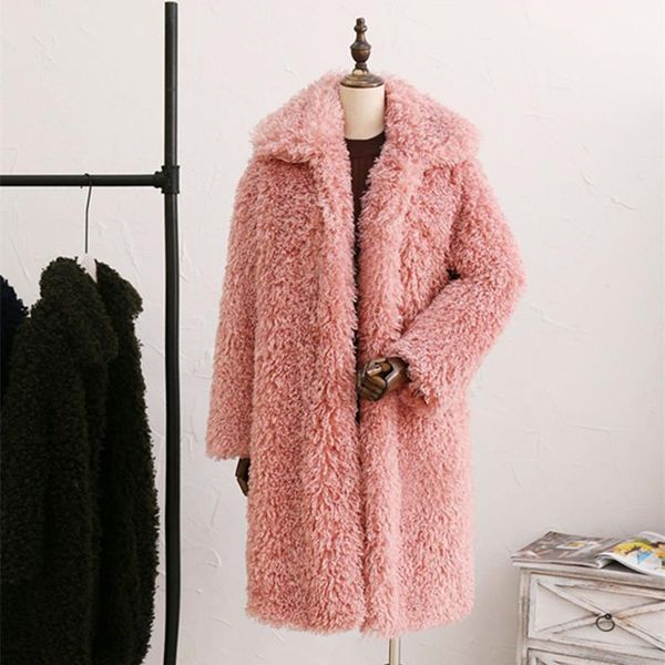 

women's wool & blends winter thicken warm teddy fur jacket coat women casual fashion lamb faux overcoat fluffy cozy loose outerwear fem, Black