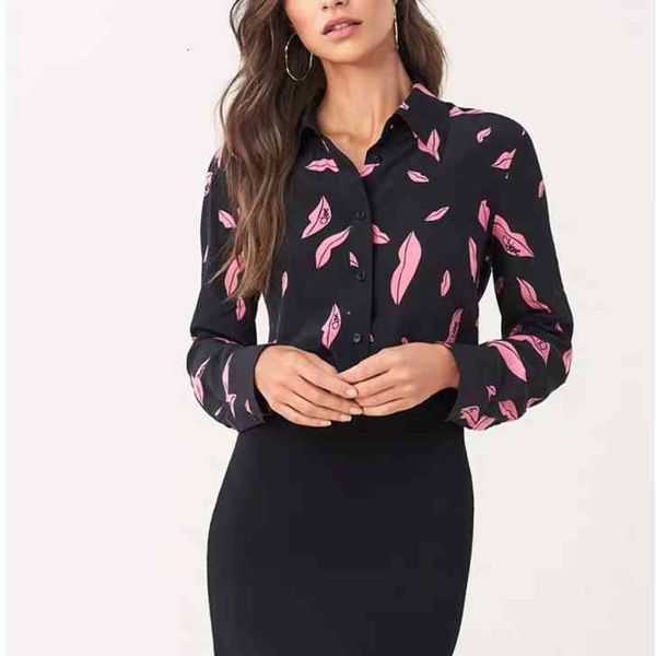 

women's blouses & shirts silk long sleeved shirt, red lip temperament, fashion lapel, in autumn, White
