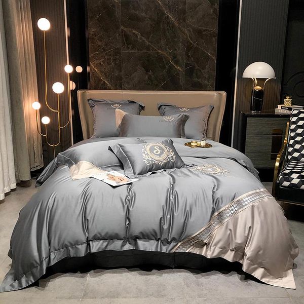 

luxury 1000tc egyptian cotton grey/champagne gold splicing embroidery bedding set duvet cover bed sheet pillowcases home textile