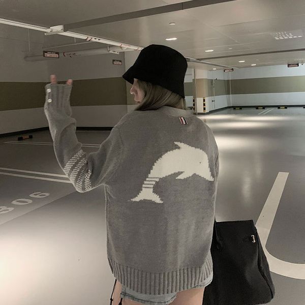 

20 autumn and winter new women's tb cotton big dolphin inlaid v-neck thick thread sweater personalized casual coat trend, White
