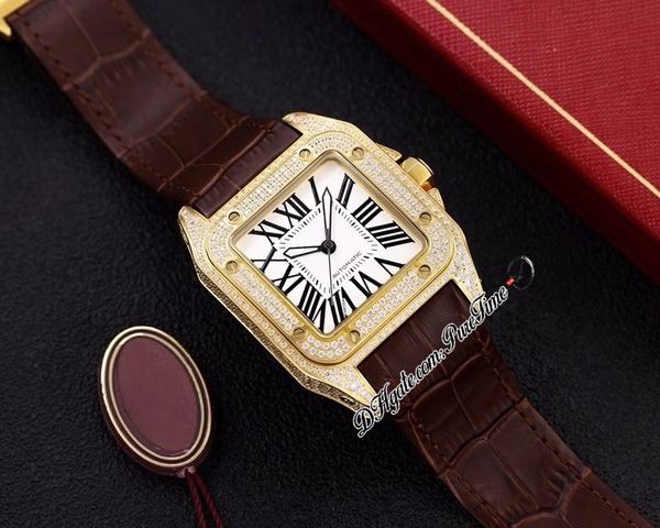 TWF V12 XL MIYOTA 8215 Automatische Herrenuhr 42mm Gelbgold Diamanten Fall Weißes Zifferblatt Schwarz Römische Marker Leder Saphirglas Gleiche Serienkarte PureTime Cart-J11