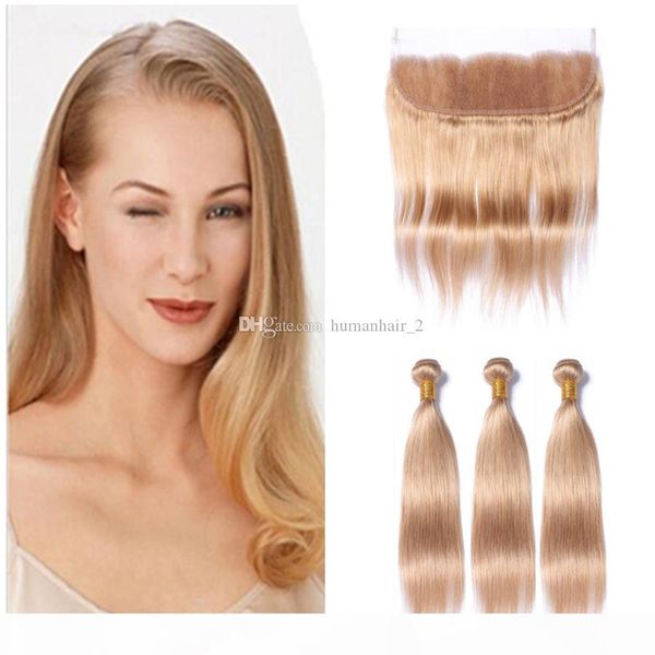 

strawberry blonde human hair bundles with lace frontal closure #27 pure color silk straight peruvian virgin hair wefts with lace frontal, Black;brown