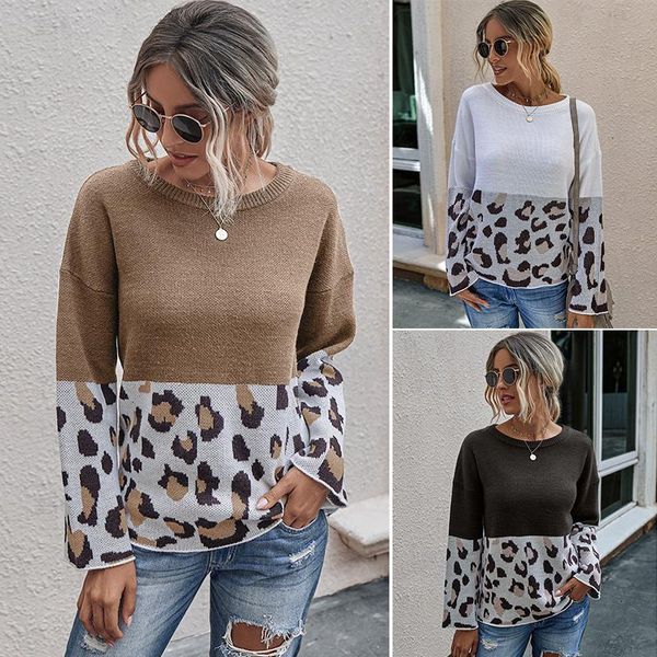 

leopard patchwork autumn winter ladies knitted sweater women o-neck full sleeve jumper pullovers top, White;black
