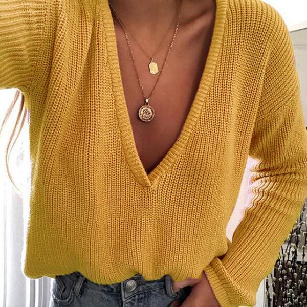 

women's sweaters elegant women autumn winter yellow loose knitting deep v neck knitwear pollover jumper wdc1590, White;black