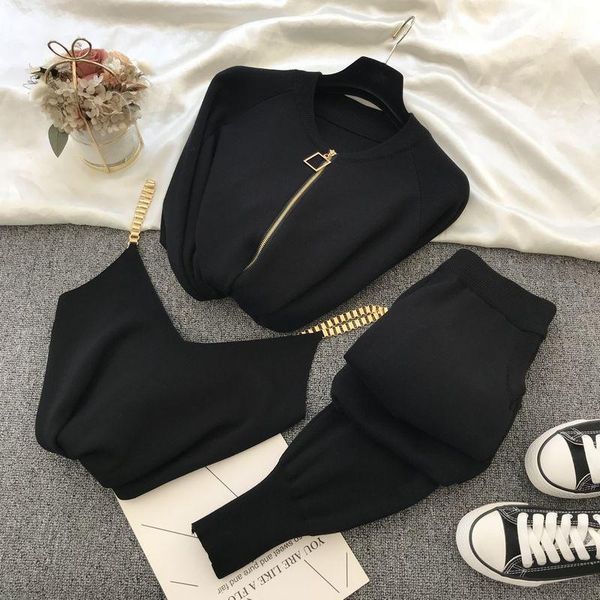 

2021 autumn knitted sweater suit casual new product temperament chain vest knitted jacket + elastic pants three-piece sets tz423, Gray