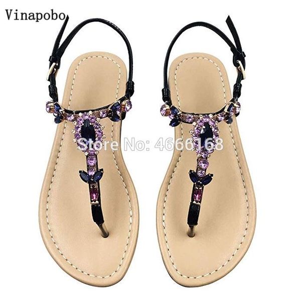 

vinapobo 2021 new bohemian women sandals crystal flat heel sandalias rhinestone chain women shoes thong flip flops zapatos mujer, Black