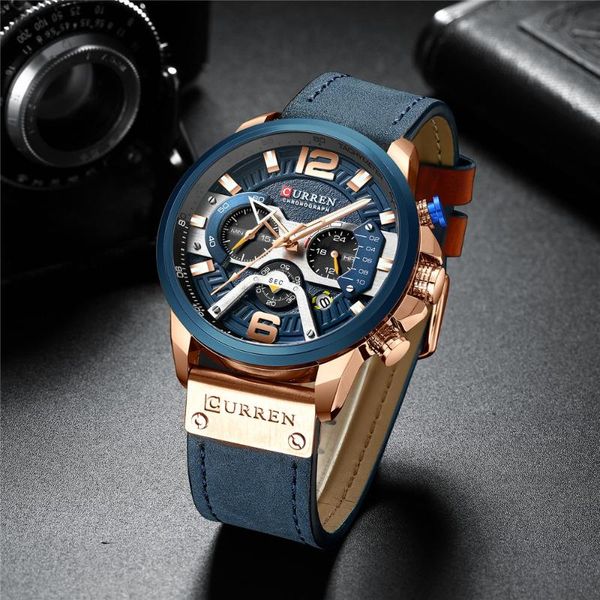 

wristwatches curren casual sport watches for men blue military leather wrist watch man clock fashion chronograph wristwatch, Slivery;brown