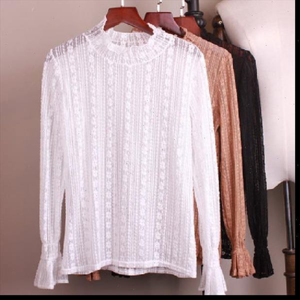 

white lace blouses women black tulle elegant fashion stand collar ruffles bottoming see through transparent embroidered top