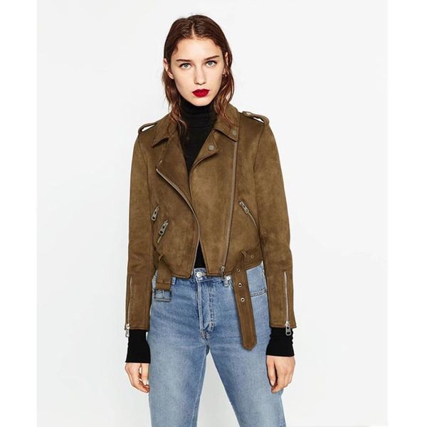 

women's leather & faux womens autumn winter motorcycle jacket lapel zipper short slim deerskin suede coat european and american fashion, Black