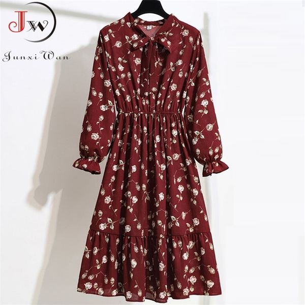 

women casual long sleeve chiffon dress spring autumn elegant vintage floral printed shirt dress bow midi summer dress vestidos 210309, Black;gray