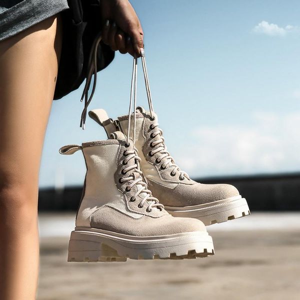 

boots vintage european combat suede leather greyish motorcycle chunky sole winter fashion shoes women, Black