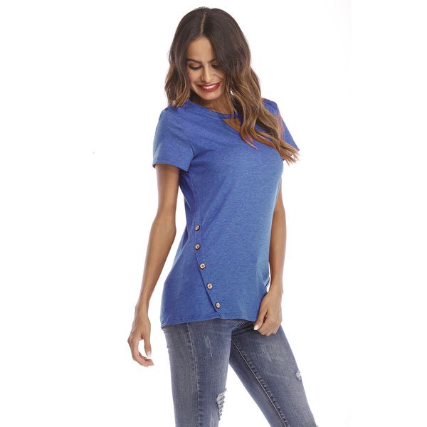 

women clothing casual solid color tees summer female short sleeve with buttons women crew neck tshirts ing, White