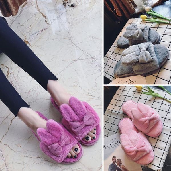 

slippers sagace women winter solid bow simple plush soft bottom plus velvet fabric low-heeled large size w 14, Black