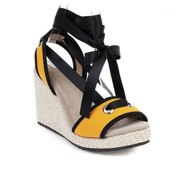 

sandals size retro woman large shoes luxury strappy heels wedge 2021 women's summer original velvet fashion lace up1, Black