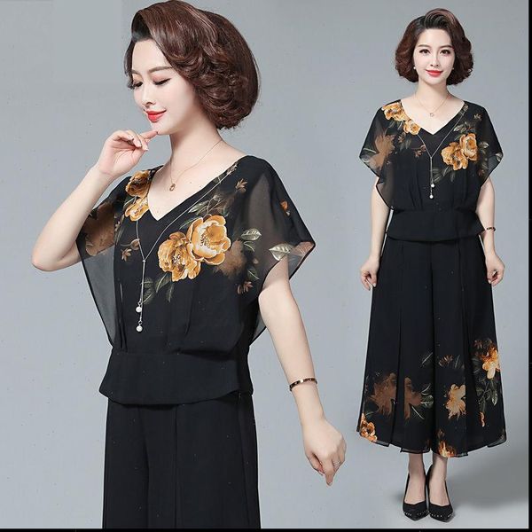 

womens floral printed two pieces suits set short sleeved with pants 2021 summer chiffon fashion 2 piece set plus size w229, Gray