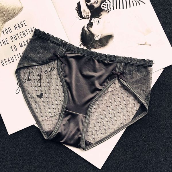 

style ice lace stitching underwear women's mesh transparent briefs fast drying shorts mid low waist, Black;pink