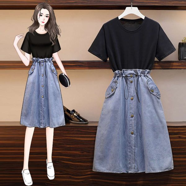 

large women's dress 2020 new summer show thin waist cover belly fashion temperament smart denim dress, Black;gray