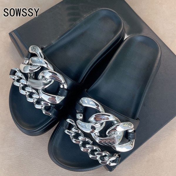 

70% off wholesale flip-flops summer new women slippers fashion metal chain decoration genuine leather flat sandals comfortable concise style, Black