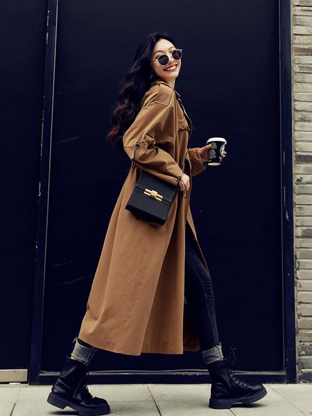 

women's trench coats windbreaker middle long 2021 spring style temperament fashion design sense high end atmospheric over the knee, Tan;black