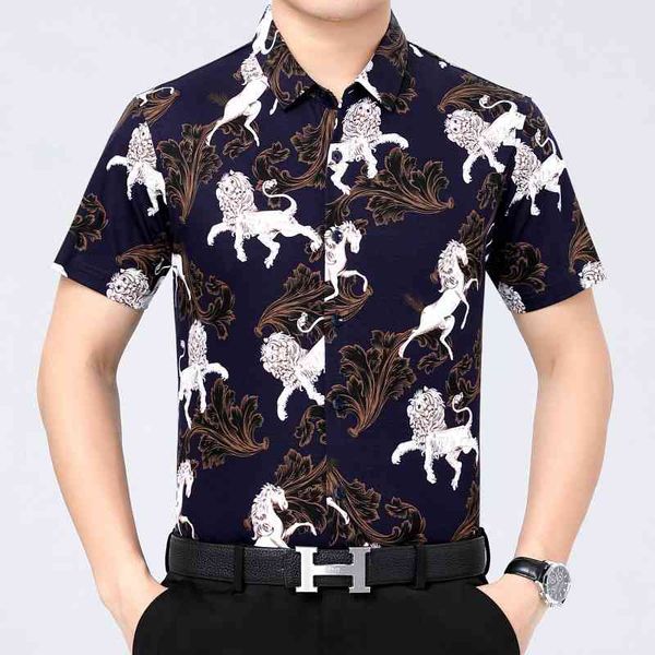 

summer flower shirt short sleeve cotton non ironing middle-aged printed shirt men's thin business casual trend, White;black