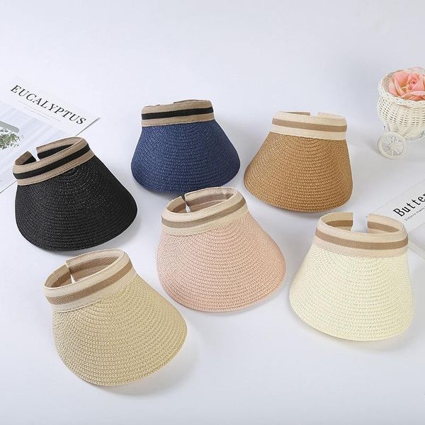 

wide brim hats adjustable women korean version shading empty hat outdoor sun protection stripe beach straw cap, Blue;gray