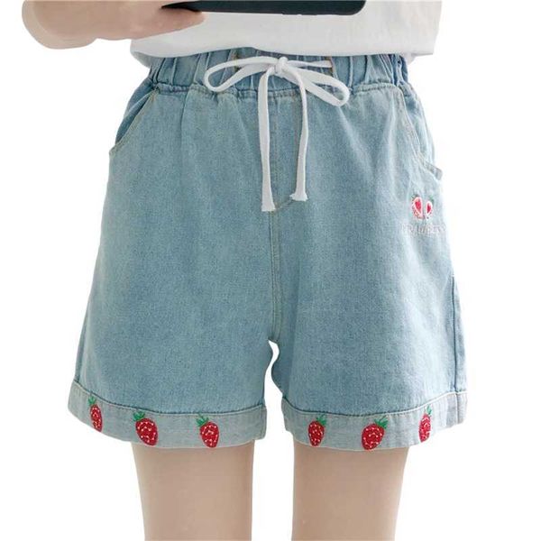 

women's shorts strawberry embroidery women denim high waisted bottoms summer loose kawaii jeans teen girls 2021 cute casual short, White;black
