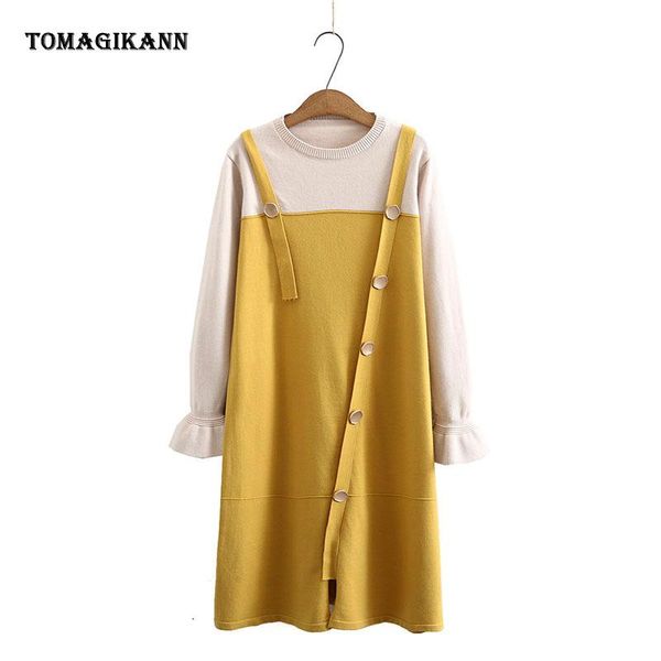 

casual dresses women knitted o neck buttons decorate split patchwork fake two piece dress 2021 preppy autumn winter sweater, Black;gray