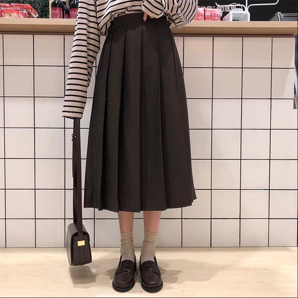 

3 colors 2021 spring autumn female long skirts women high waist long pleated skirt solid color a line skirt womens x150, Black