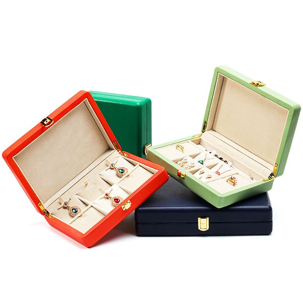 

large-capacity portable jewelry storage box high-grade pu leather metal lock clamshell dustproof jewelry box ring necklace pendant display g, Black;white