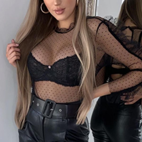 

women's t-shirt #w mesh sheer womens round collar lace up long sleeve see through black dots ladies shirts, White