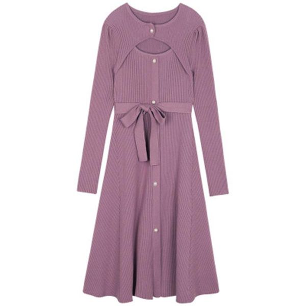 

casual dresses temperament pearl buttons long sleeve slim knitted dress 2021 women french style elegant vertical striped sweater, Black;gray