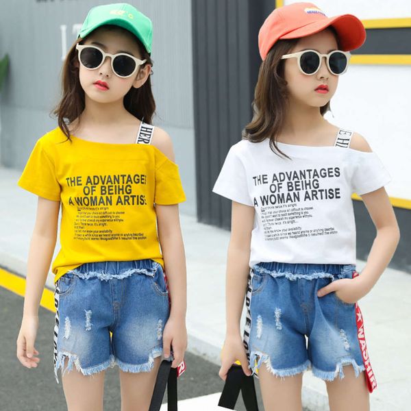 

fashion new summer clothes 2021 girls' short sleeve denim shorts children's two piece suit, White