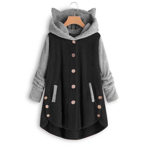 

women fleece plush hoodies button coat with cat ear pockets hooded pullover loose faux fur ladies cute cartoon sweatshirt, Black