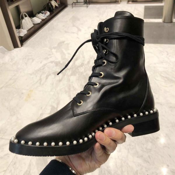 

boots pearl lace up leather short women's thick soled british style, Black