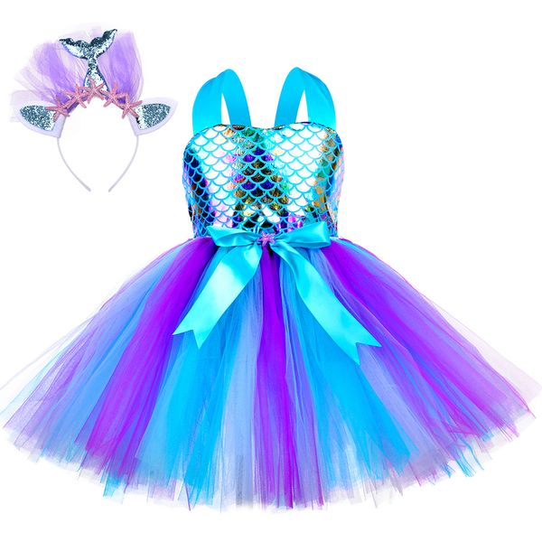Küçük Mermaid Prenses Elbiseler Kız Çocuklar Için Tutu Elbise Denizkızı Doğum Günü Partisi Kostümleri Için Cadılar Bayramı Giysileri Set 210317