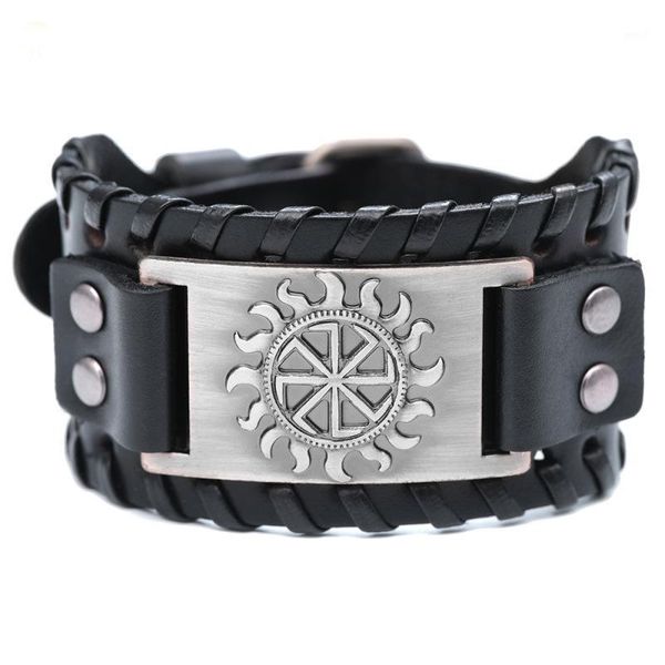 Bracciale amuleto Viking Sun Wheel da uomo in pelle metallica - Misura regolabile 19-30 cm