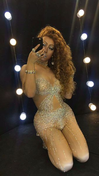 

bling crystals rompers womens jumpsuit party costume stage wear bodysuit women singer rhinestones nude color outfit, Black;red