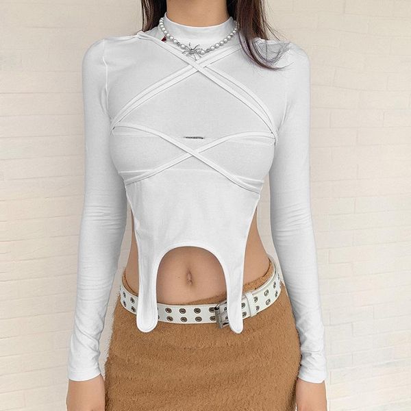 

women's t-shirt solid long sleeve irregular slim for dating party travelling vacation shopping high neck, White