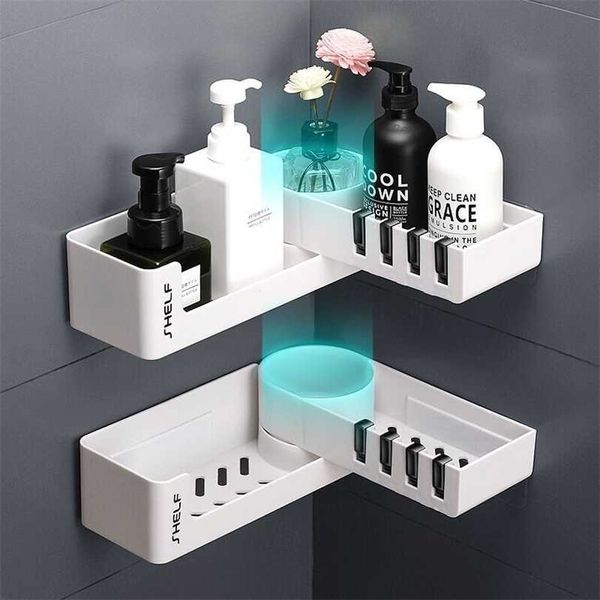Banheiro Canto Chuveiro Prateleira Com 4 Gancho Montado para Shampoo Organize Armazenamento de Cozinha Auto-adesivo Rotatal 211102